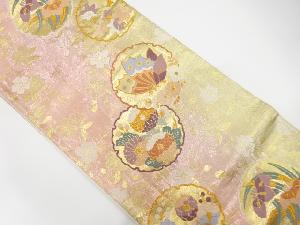 雪輪に蝶・花模様織り出し　袋帯